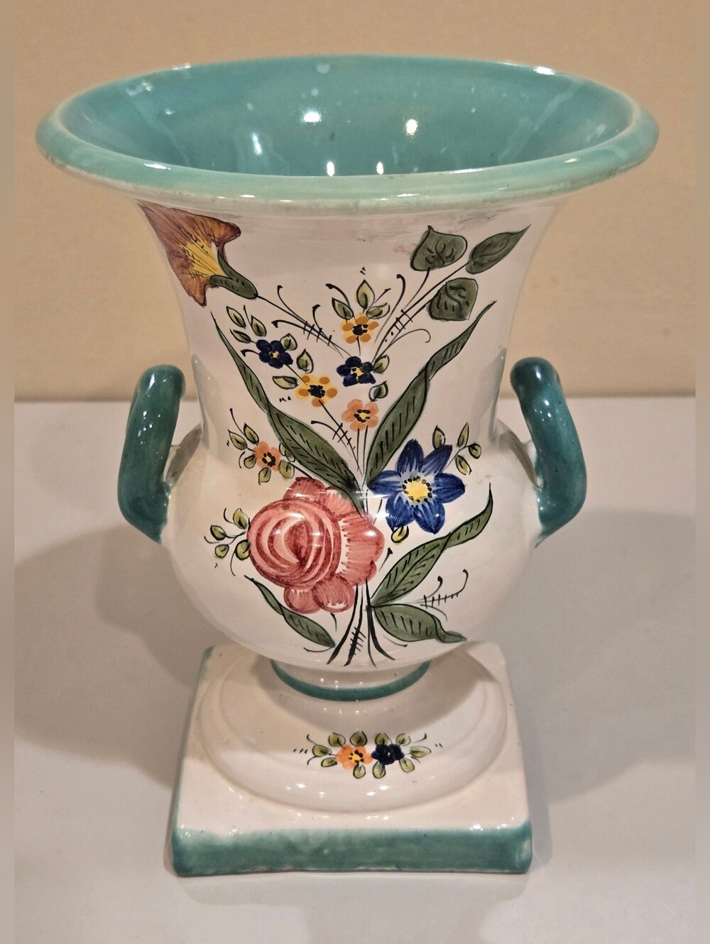 Vintage Italian Hand-Painted Floral Ceramic Urn Vase in Turquoise & White